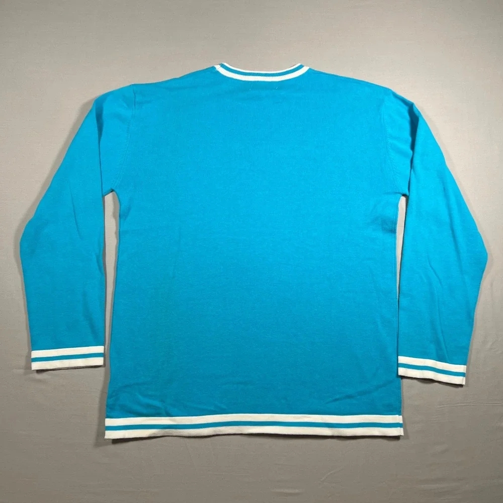 OXKNITSTORE Mens XL Turquoise Blue Cotton Knit Long Sleeve Striped Crew Sweater